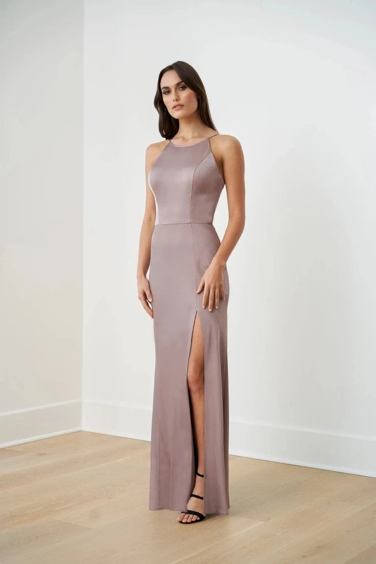 Elegant A-Line Halter Sleeveless High Slit Dusty Mauve Floor-Length Prom Gown