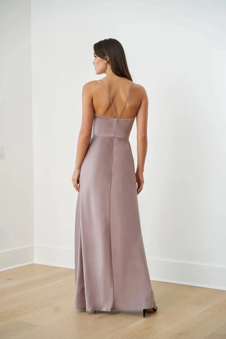 Elegant A-Line Halter Sleeveless High Slit Dusty Mauve Floor-Length Prom Gown