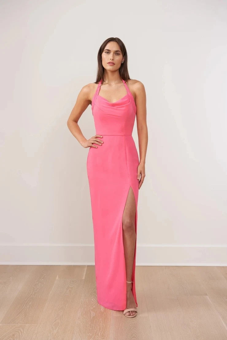 Elegant A-Line Halter Sleeveless High Slit Fuchsia Floor-Length Prom Dresses Women's Gown