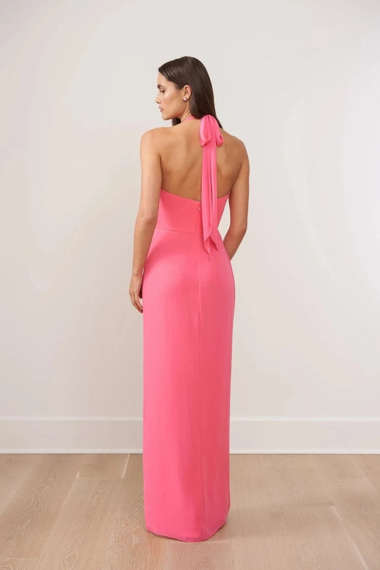 Elegant A-Line Halter Sleeveless High Slit Fuchsia Floor-Length Prom Dresses Women's Gown