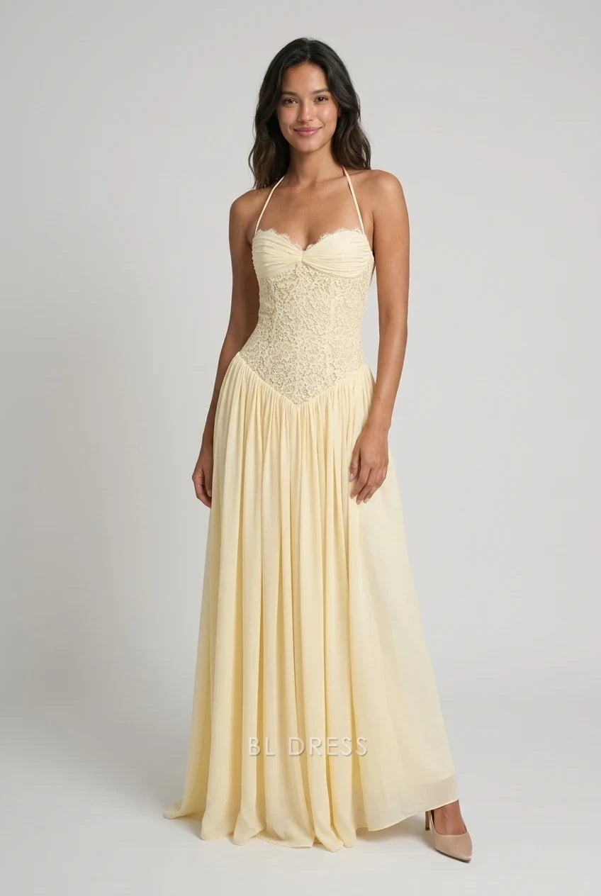 Elegant A-Line Halter Sleeveless Lace Bodice Pale Yellow Floor-Length Prom Gown