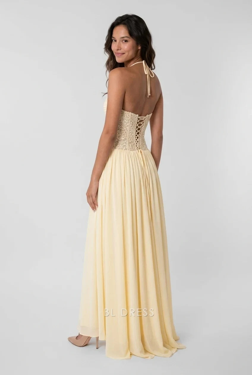 Elegant A-Line Halter Sleeveless Lace Bodice Pale Yellow Floor-Length Prom Gown