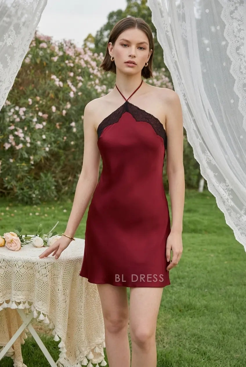 Elegant A-Line Halter Sleeveless Lace Trim Burgundy Mini Homecoming Dresses For Women