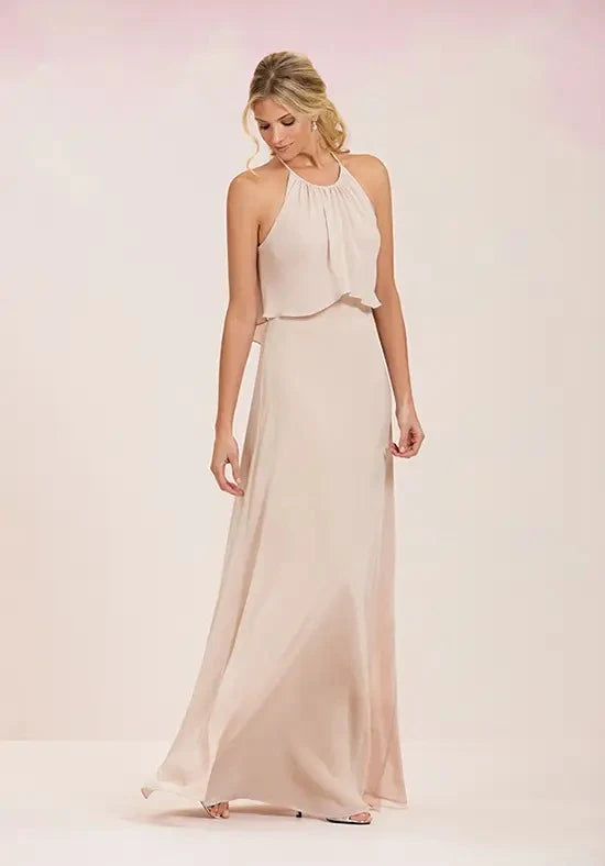 Elegant A-Line Halter Sleeveless Layered Open Back Nude Floor-Length Prom Gown