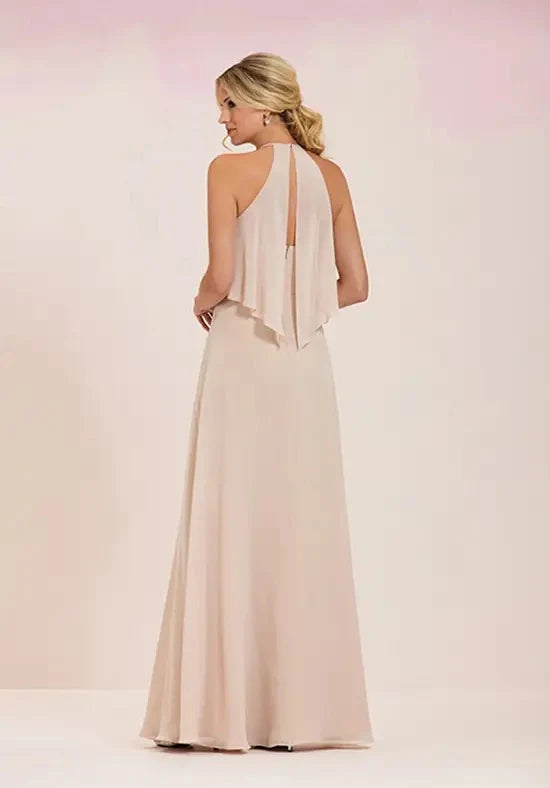 Elegant A-Line Halter Sleeveless Layered Open Back Nude Floor-Length Prom Gown