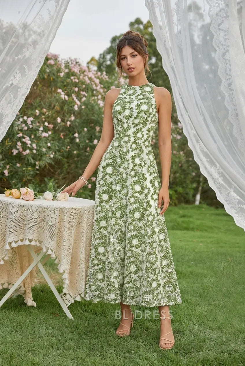 Elegant A-Line Halter Sleeveless Open Back Floral Green Midi Prom Dress