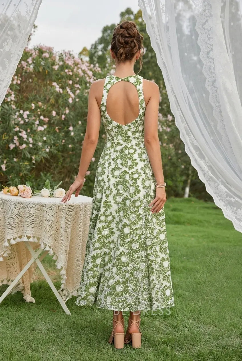 Elegant A-Line Halter Sleeveless Open Back Floral Green Midi Prom Dress