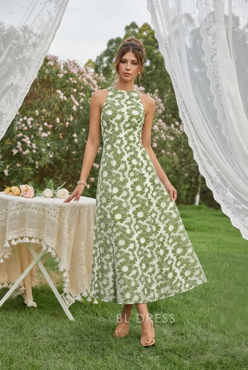 Elegant A-Line Halter Sleeveless Open Back Floral Green Midi Prom Dress