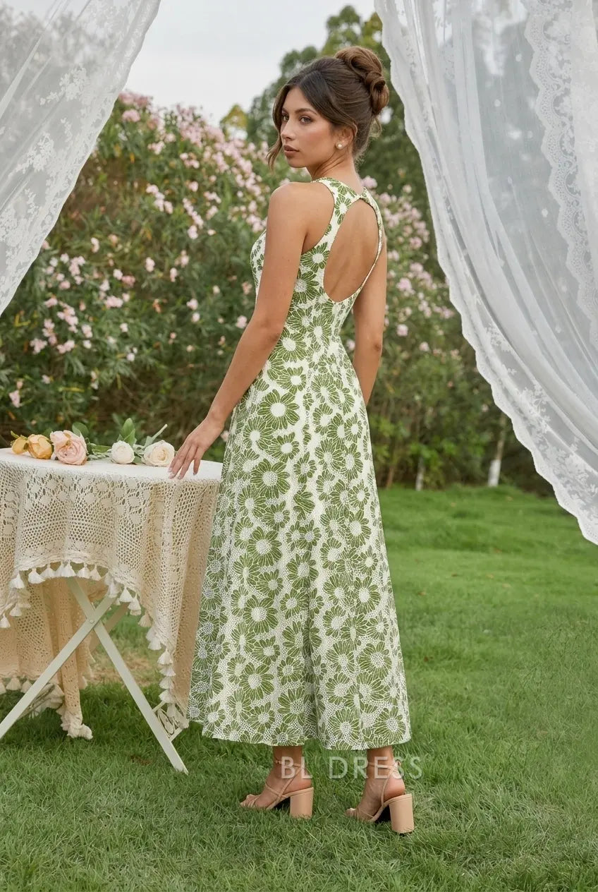 Elegant A-Line Halter Sleeveless Open Back Floral Green Midi Prom Dress