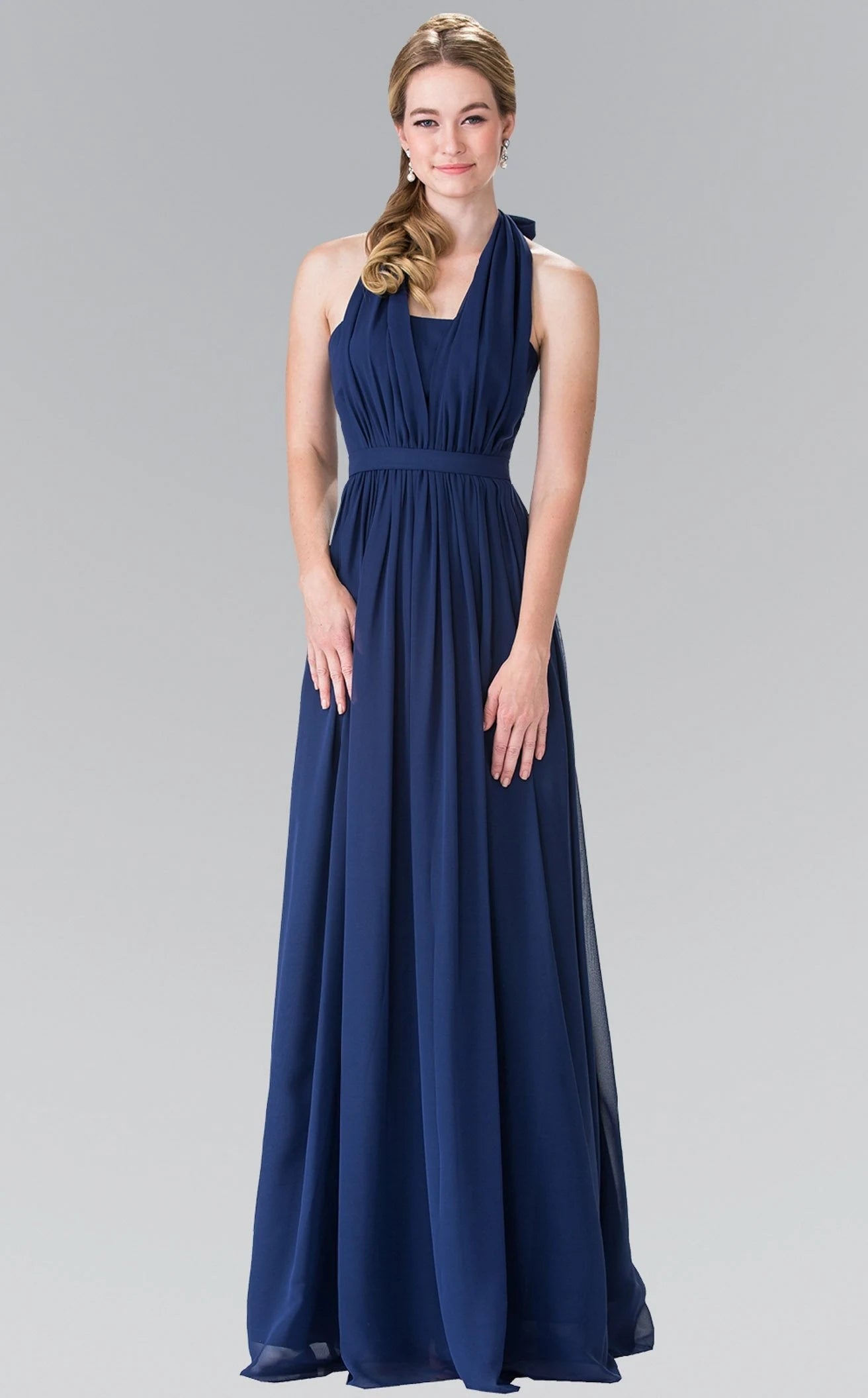 Elegant A-Line Halter Sleeveless Pleated Backless Navy Blue Floor-Length Prom Dress