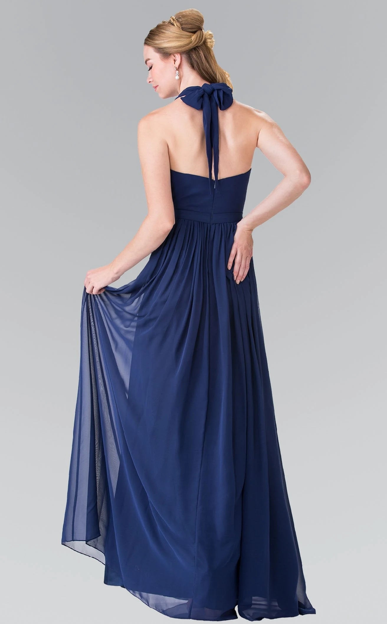 Elegant A-Line Halter Sleeveless Pleated Backless Navy Blue Floor-Length Prom Dress