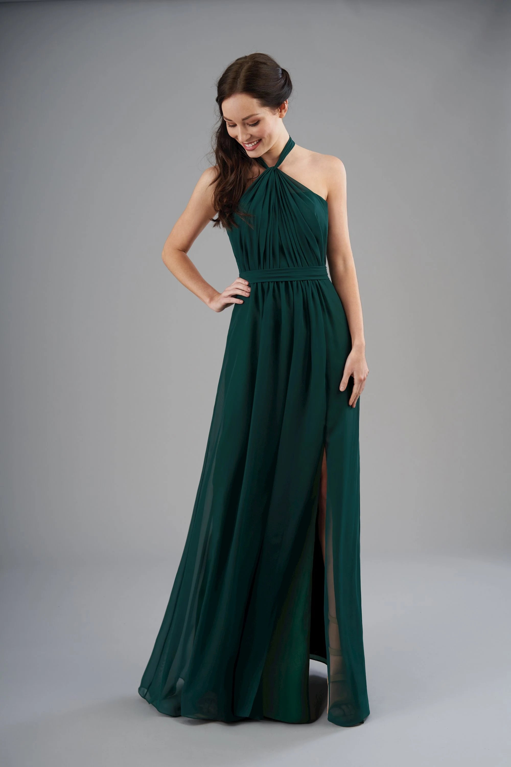Elegant A-Line Halter Sleeveless Pleated Slit Dark Green Floor-Length Prom Dress for Women