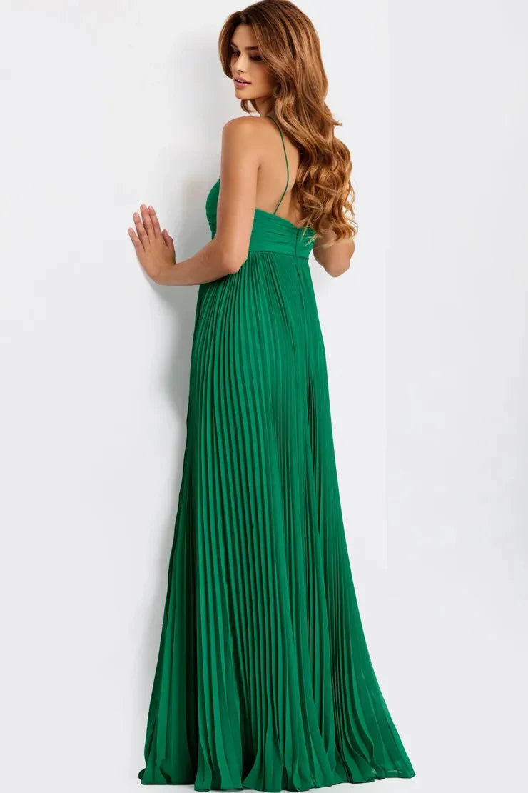 Elegant A-Line Halter Sleeveless Pleated Slit Green Long Prom Dresses Women Gown