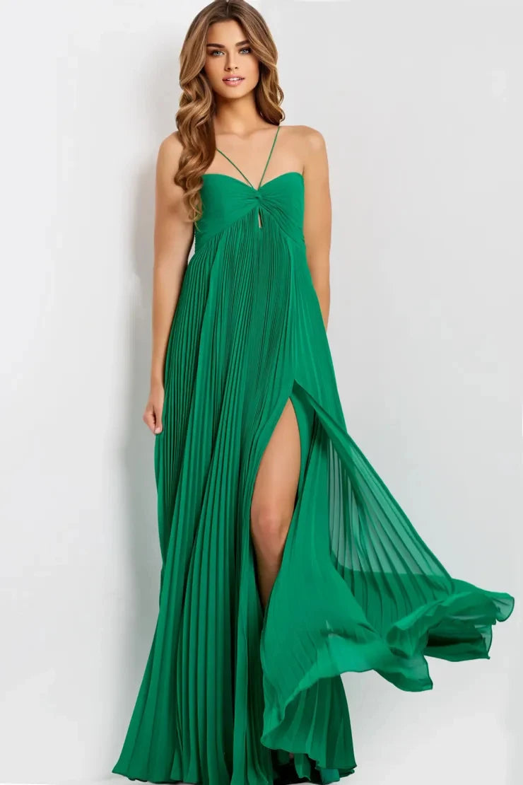 Elegant A-Line Halter Sleeveless Pleated Slit Green Long Prom Dresses Women Gown