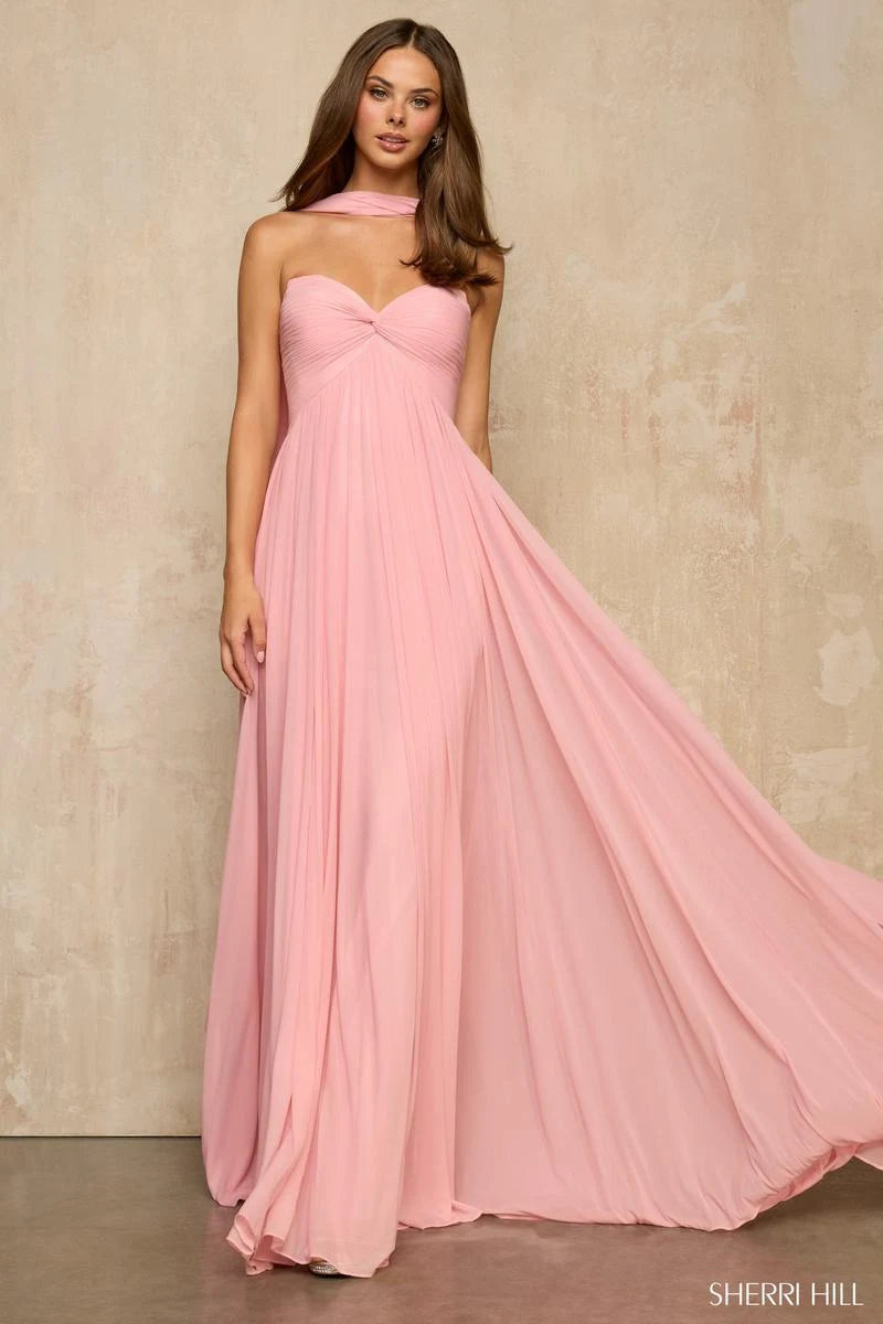 Elegant A-Line Halter Sleeveless Romantic Blush Pink Floor-Length Prom Gown