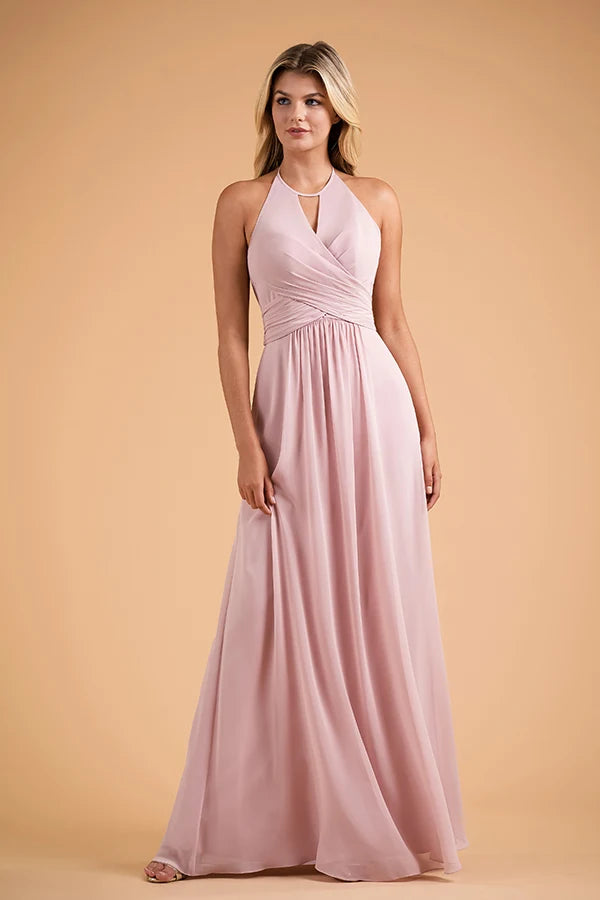 Elegant A-Line Halter Sleeveless Ruched Bow-Back Blush Floor-Length Prom Dress