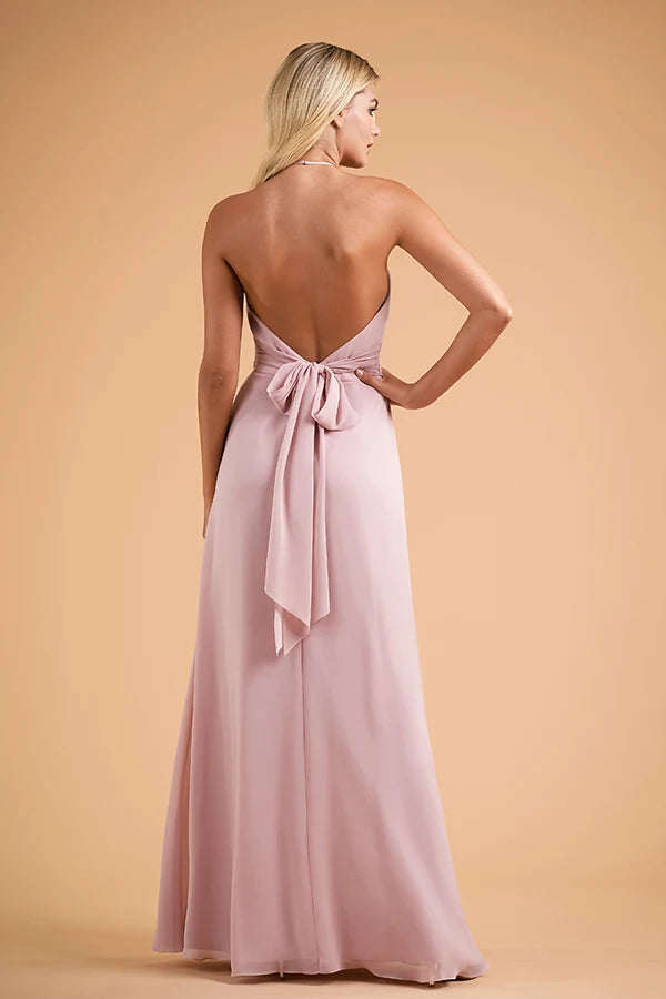 Elegant A-Line Halter Sleeveless Ruched Bow-Back Blush Floor-Length Prom Dress