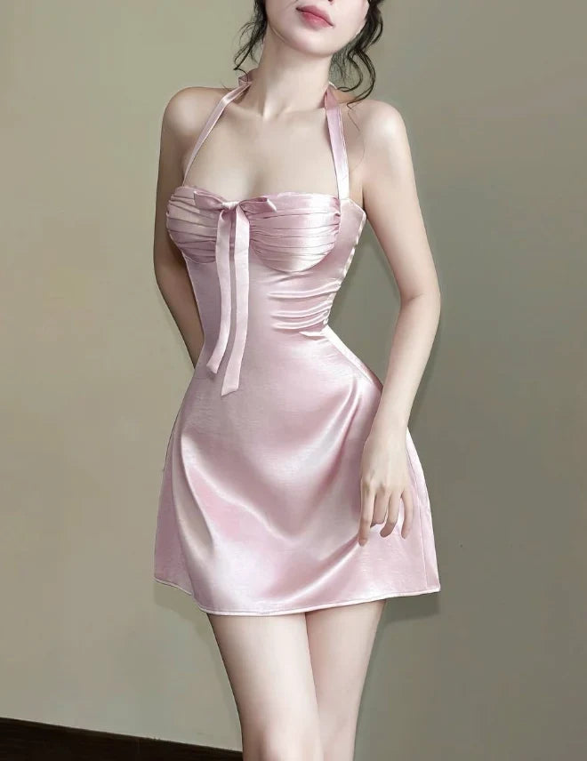 Elegant A-Line Halter Sleeveless Ruched Bow Pink Short Homecoming Dress