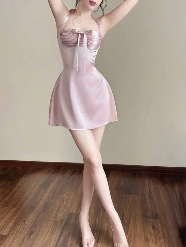 Elegant A-Line Halter Sleeveless Ruched Bow Pink Short Homecoming Dress
