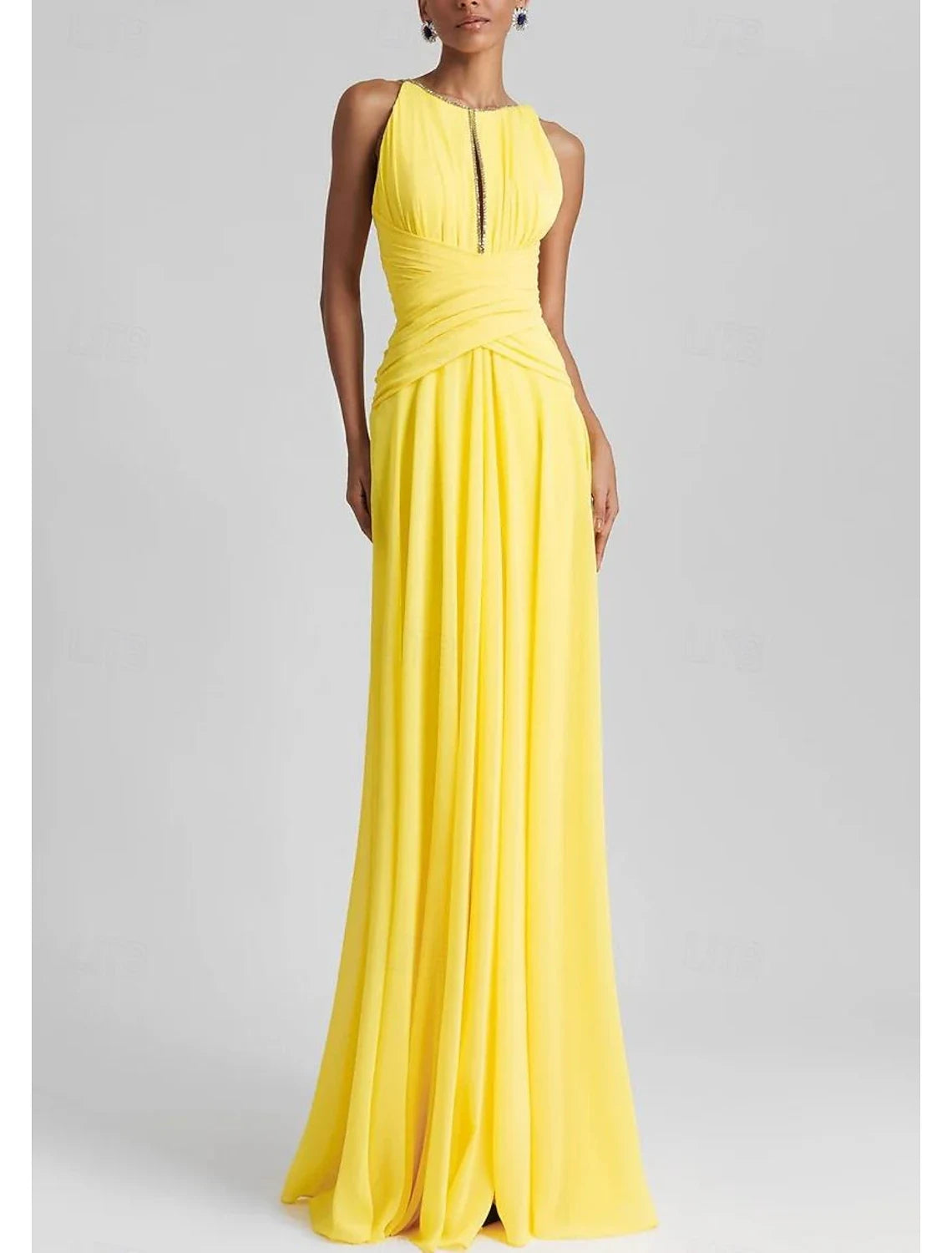 Elegant A-Line Halter Sleeveless Ruched Draped Yellow Floor-Length Prom Dress Gown