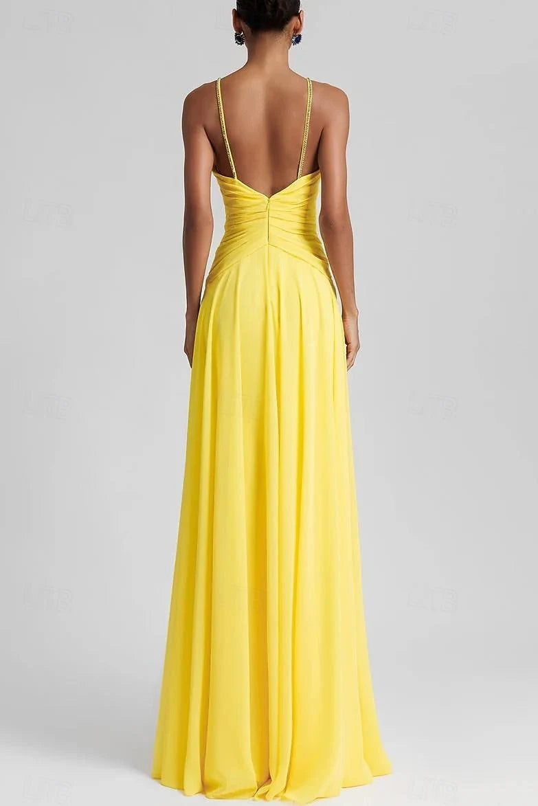 Elegant A-Line Halter Sleeveless Ruched Draped Yellow Floor-Length Prom Dress Gown