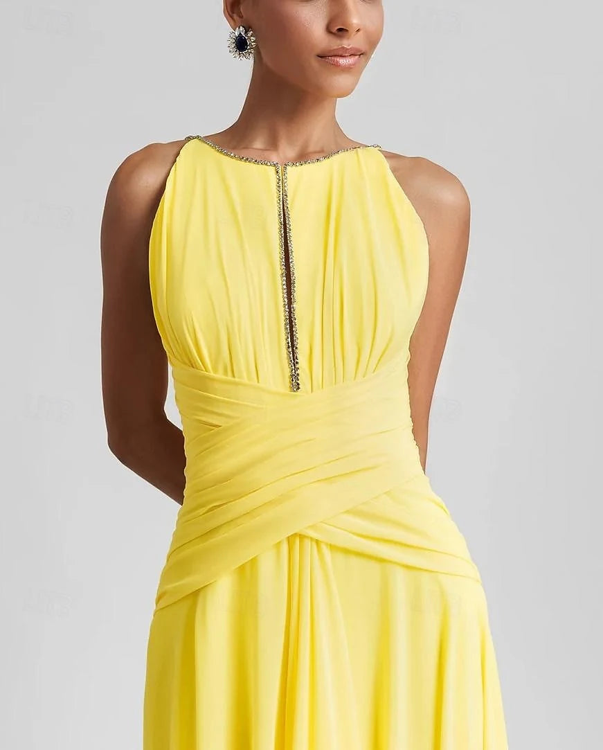 Elegant A-Line Halter Sleeveless Ruched Draped Yellow Floor-Length Prom Dress Gown