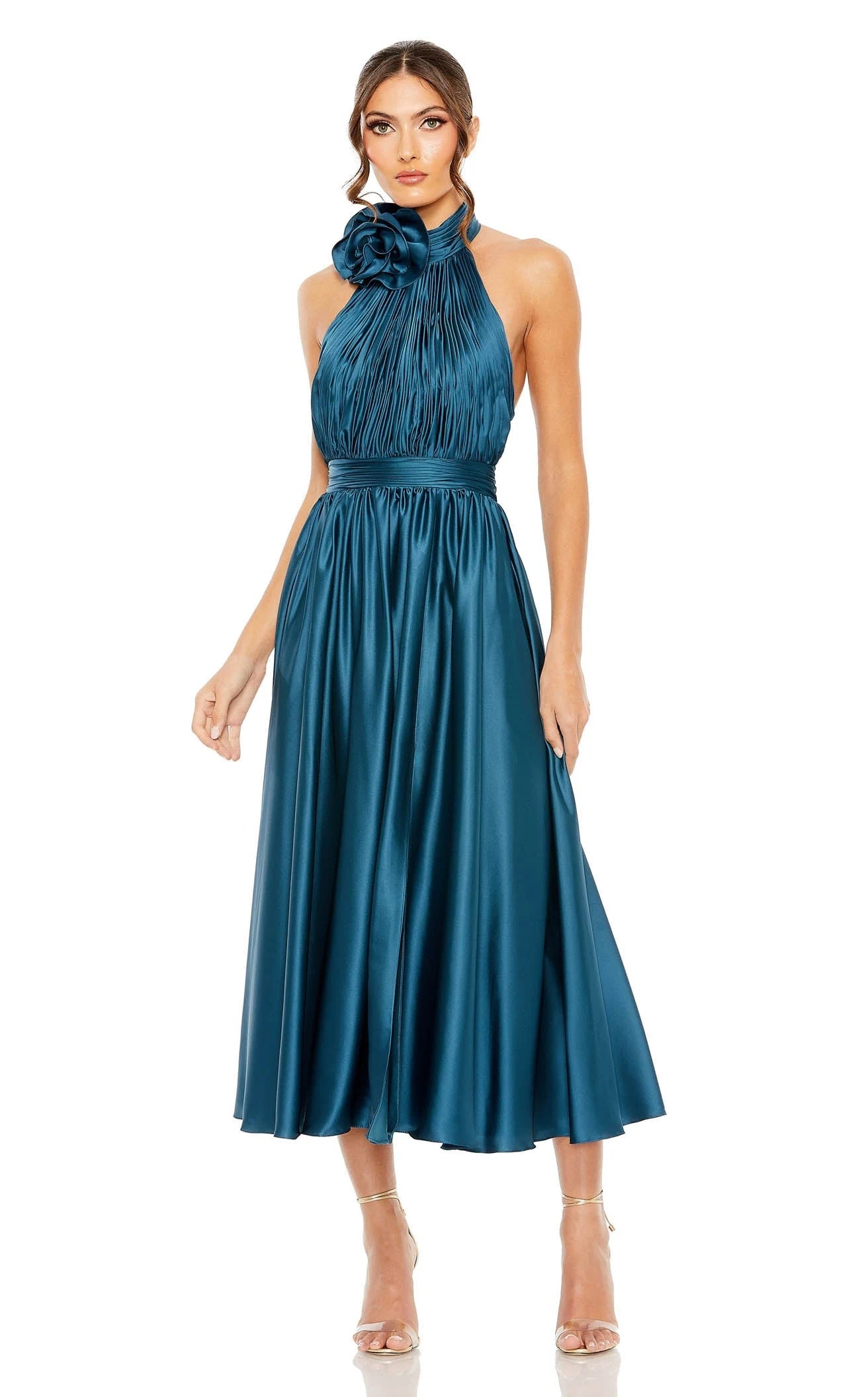 Elegant A-Line Halter Sleeveless Ruched Open Back Teal Midi Prom Dress