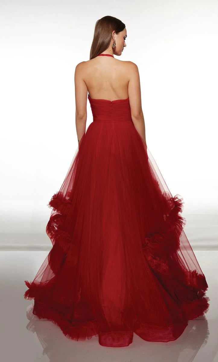 Elegant A-Line Halter Sleeveless Ruched Ruffled Red Floor-Length Prom Dresses Women's Gown