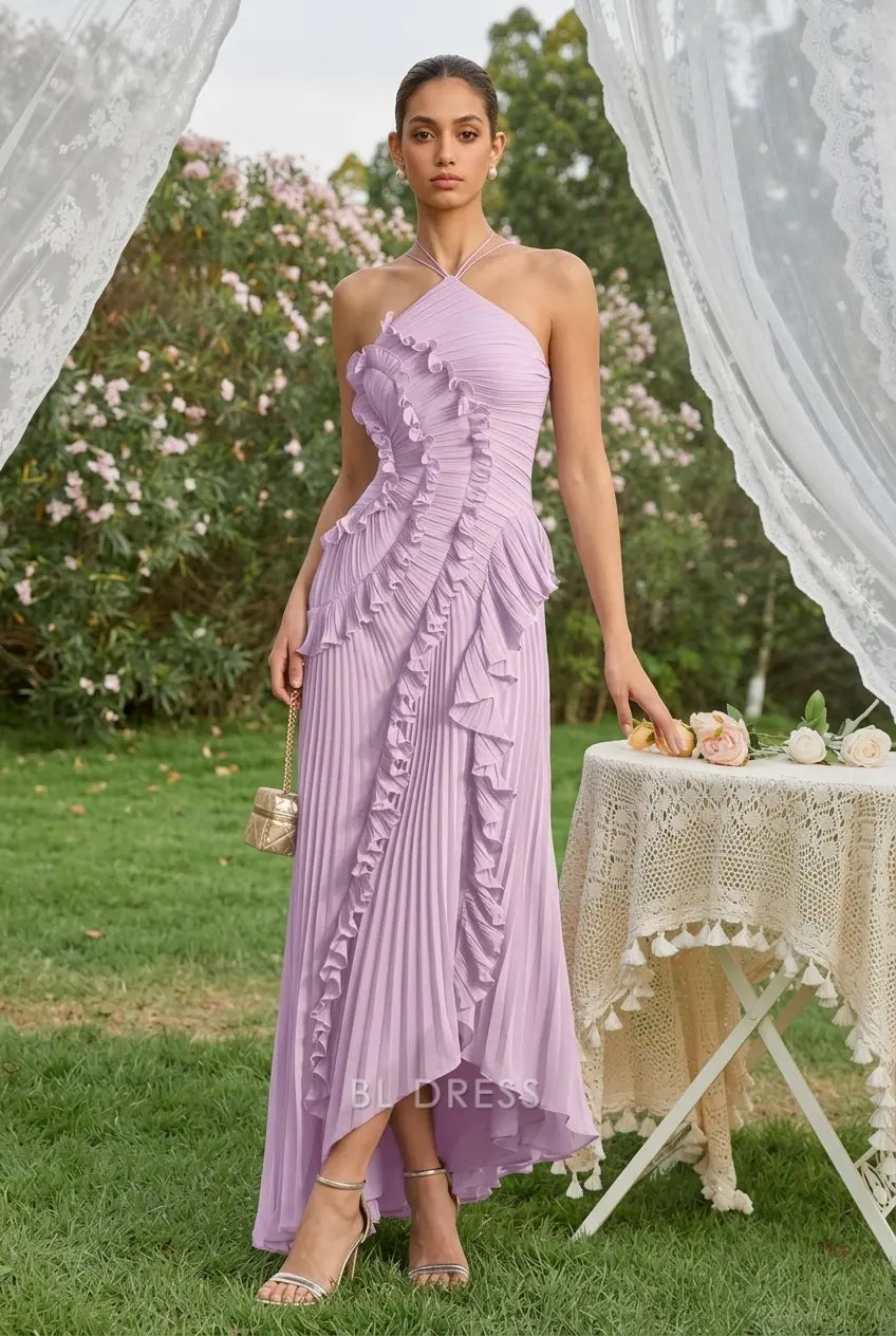 Elegant A-Line Halter Sleeveless Ruffled Pleated Lavender High-Low Prom Gown