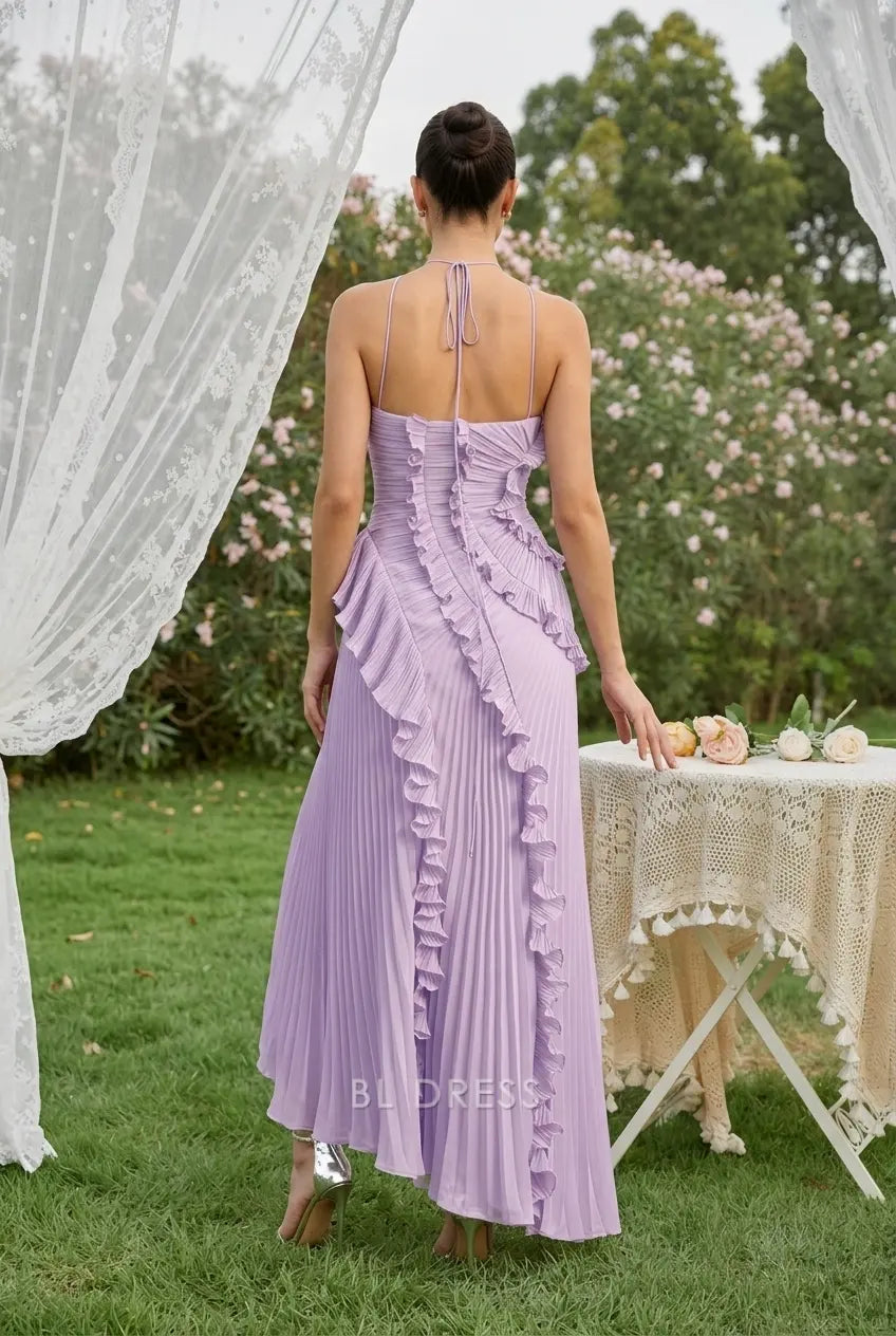 Elegant A-Line Halter Sleeveless Ruffled Pleated Lavender High-Low Prom Gown