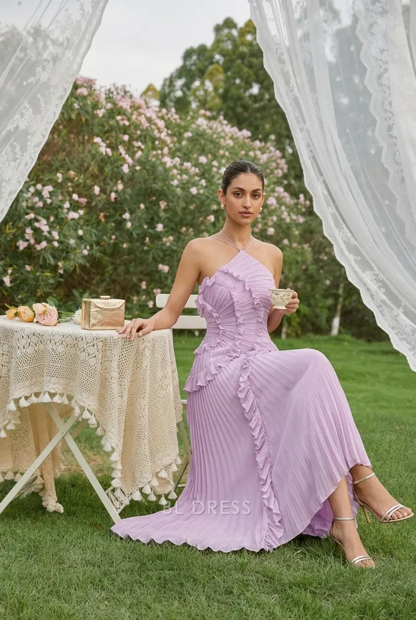 Elegant A-Line Halter Sleeveless Ruffled Pleated Lavender High-Low Prom Gown