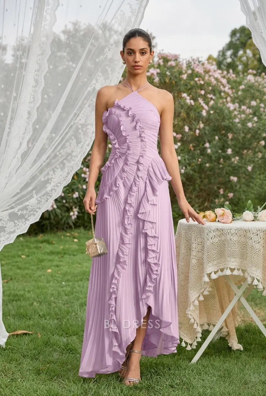 Elegant A-Line Halter Sleeveless Ruffled Pleated Lavender High-Low Prom Gown