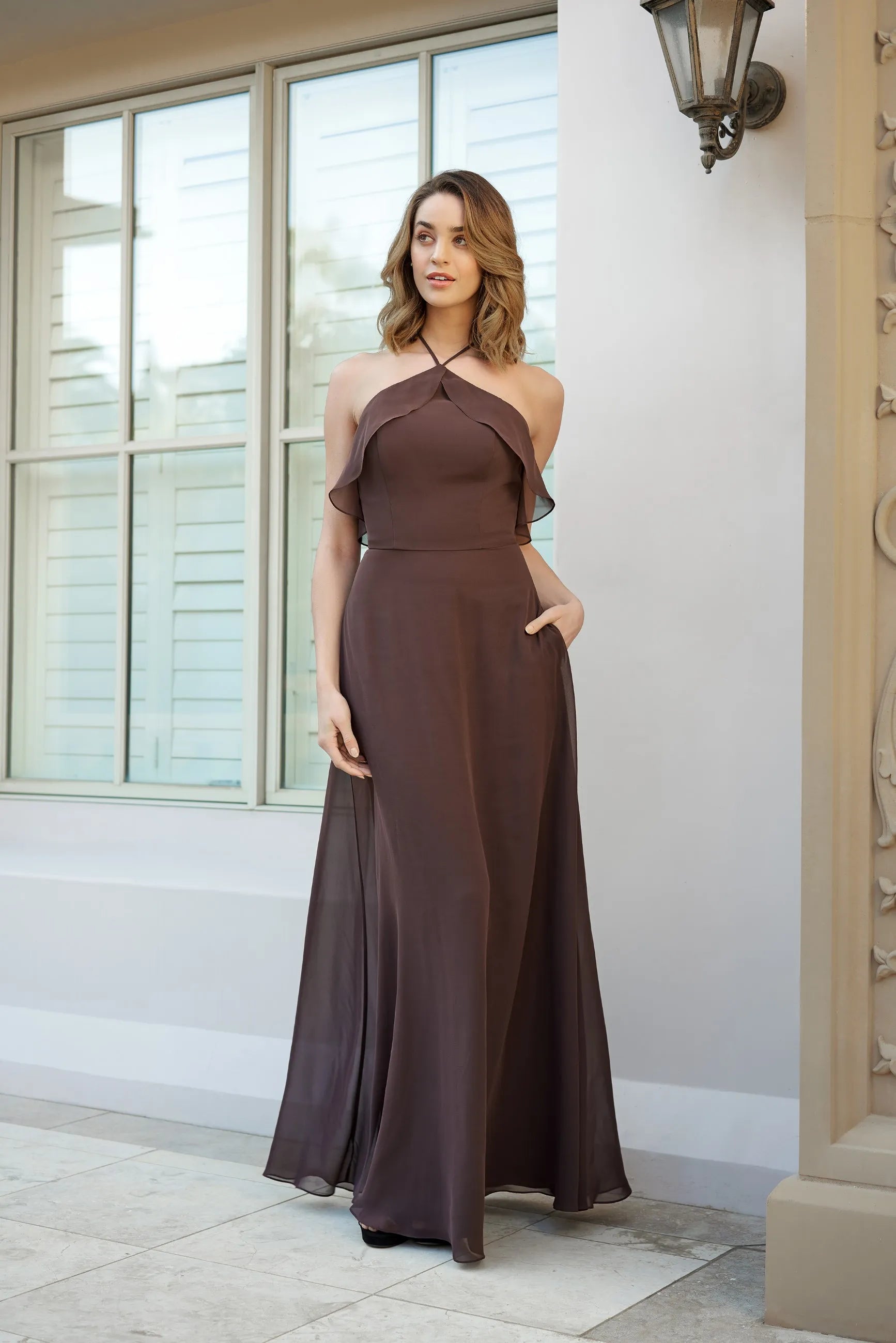 Elegant A-Line Halter Sleeveless Ruffled Pockets Dark Brown Floor-Length Prom Dress