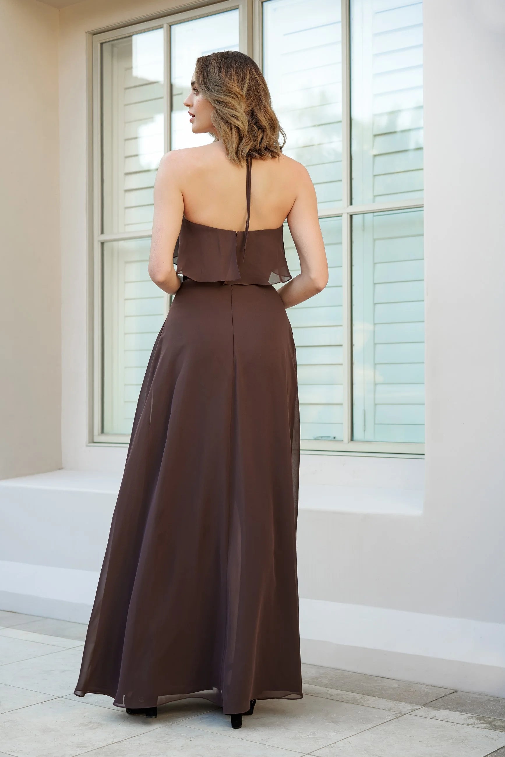 Elegant A-Line Halter Sleeveless Ruffled Pockets Dark Brown Floor-Length Prom Dress