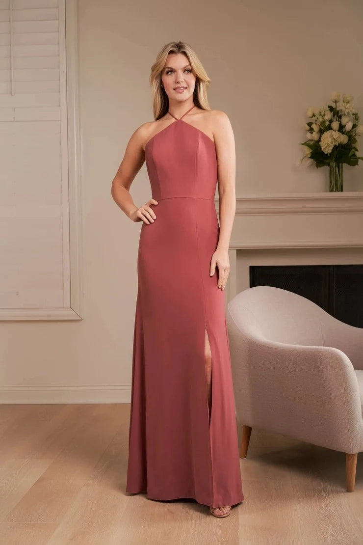 Elegant A-Line Halter Sleeveless Slit Dusty Rose Floor-Length Prom Dresses