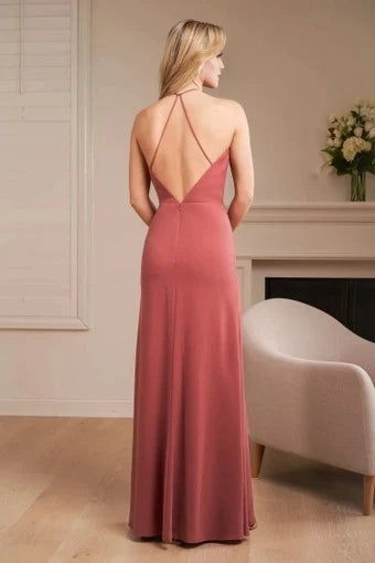 Elegant A-Line Halter Sleeveless Slit Dusty Rose Floor-Length Prom Dresses