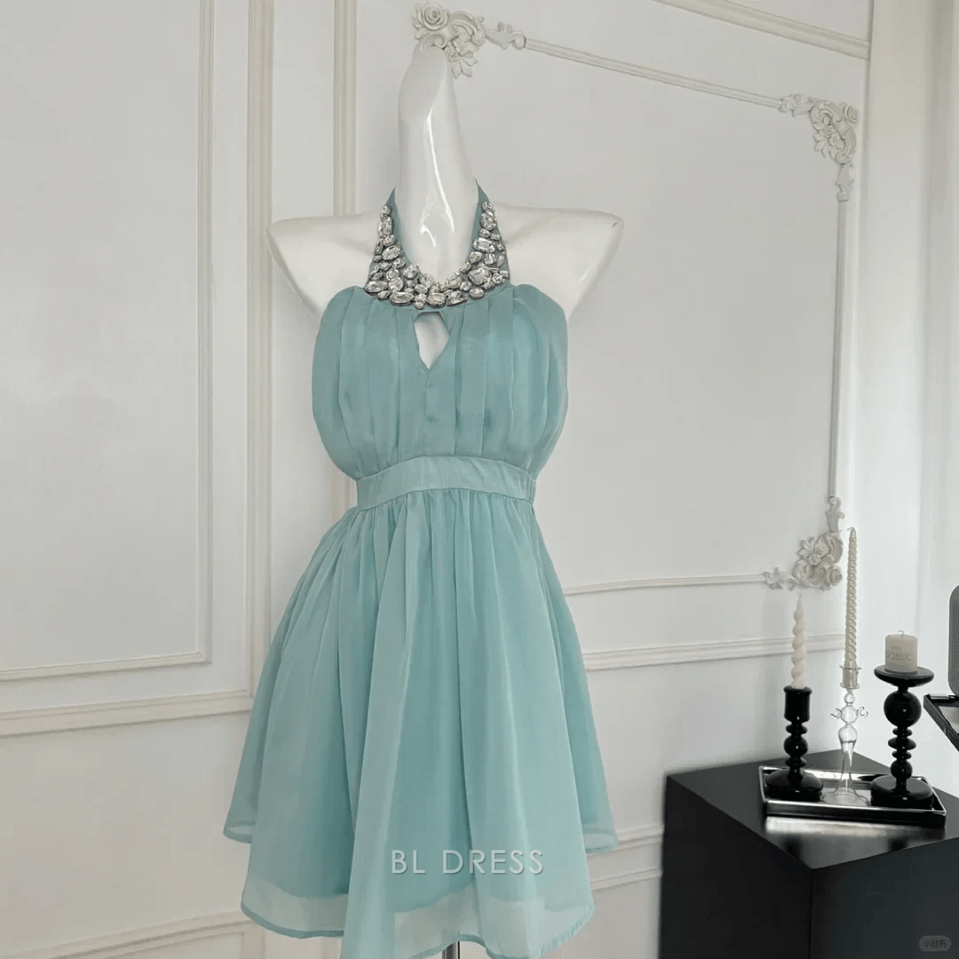 Elegant A-Line Halter Sleeveless Sparkly Chic Mint Short Homecoming Dresses For Women