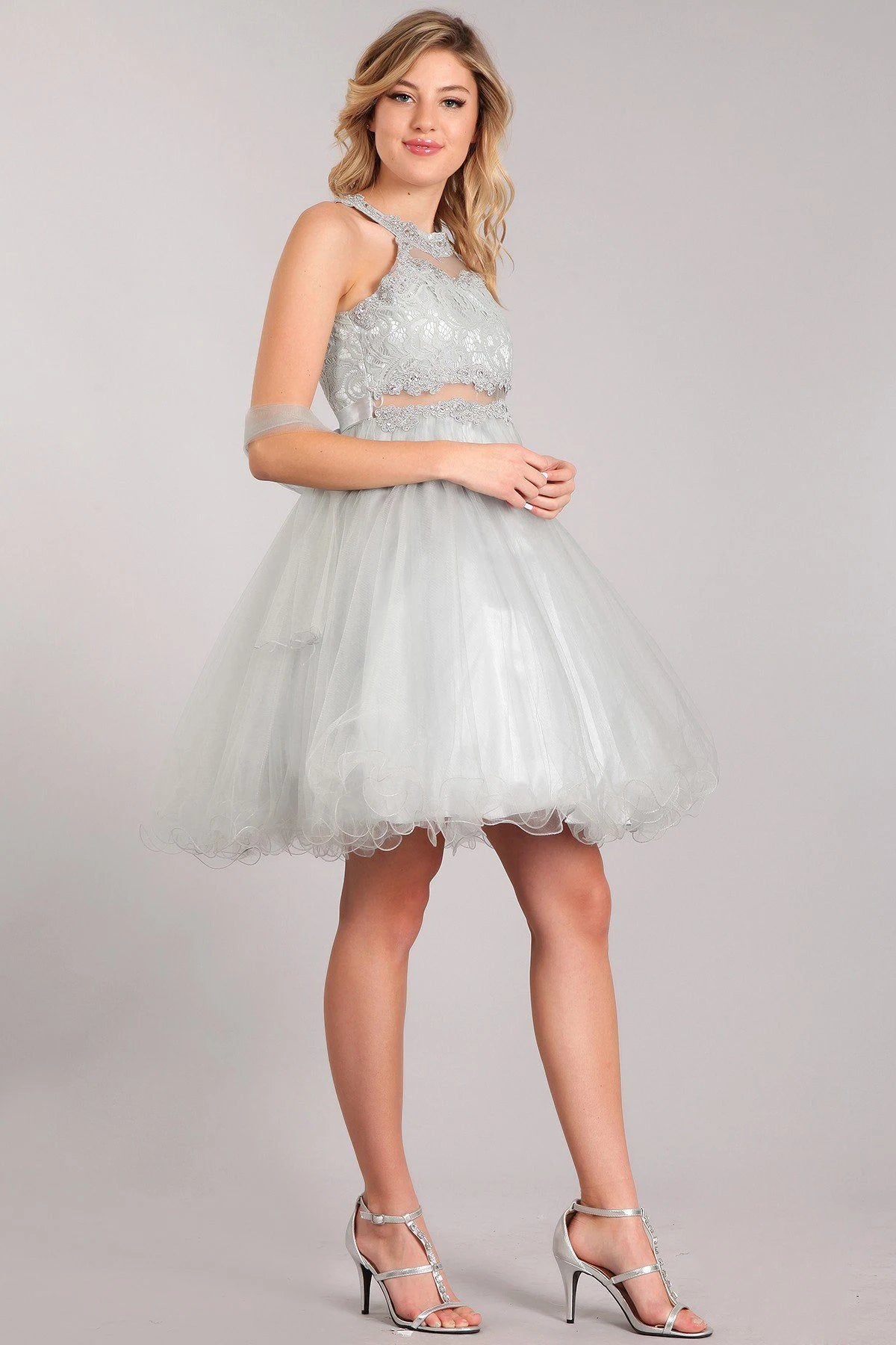 Elegant A-Line Halter Sleeveless Sparkly Tiered Silver Short Homecoming Dresses for Women