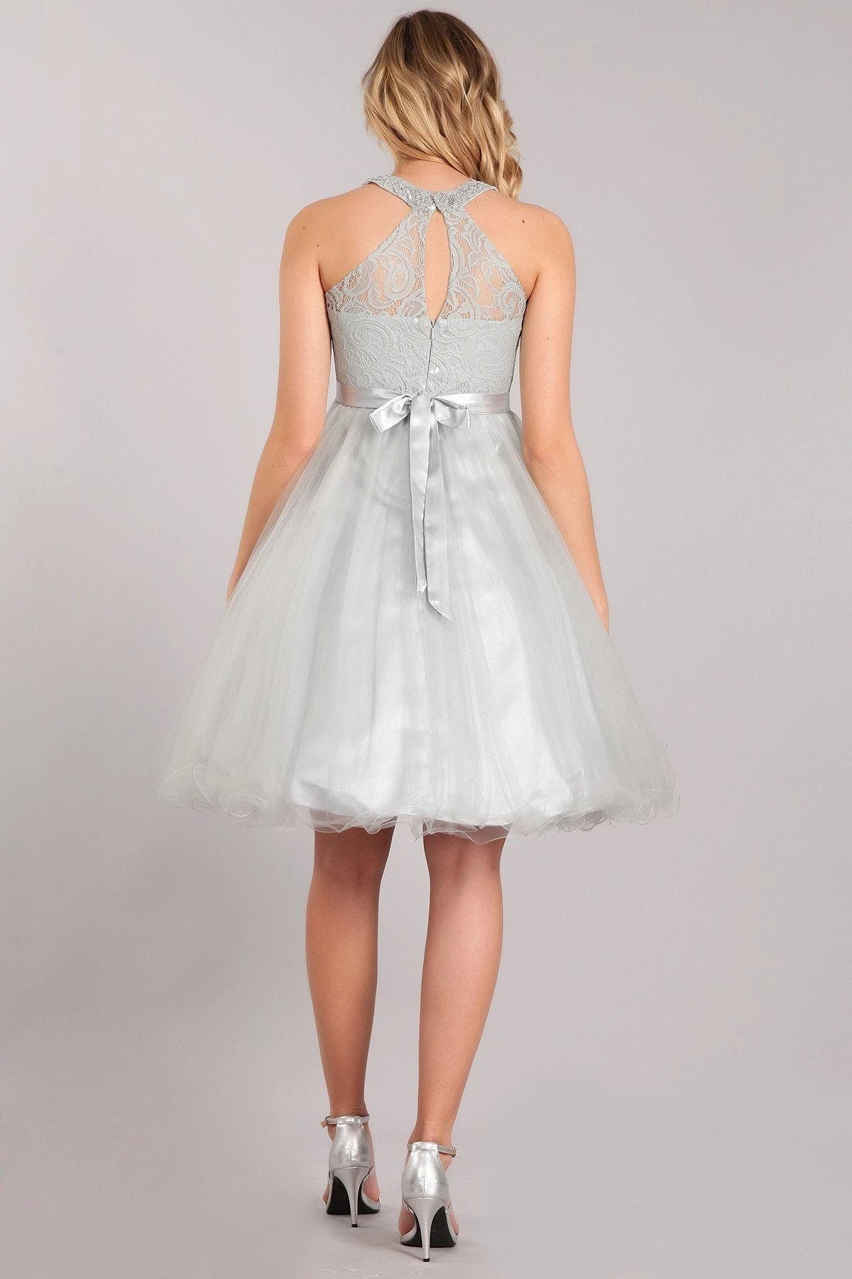 Elegant A-Line Halter Sleeveless Sparkly Tiered Silver Short Homecoming Dresses for Women