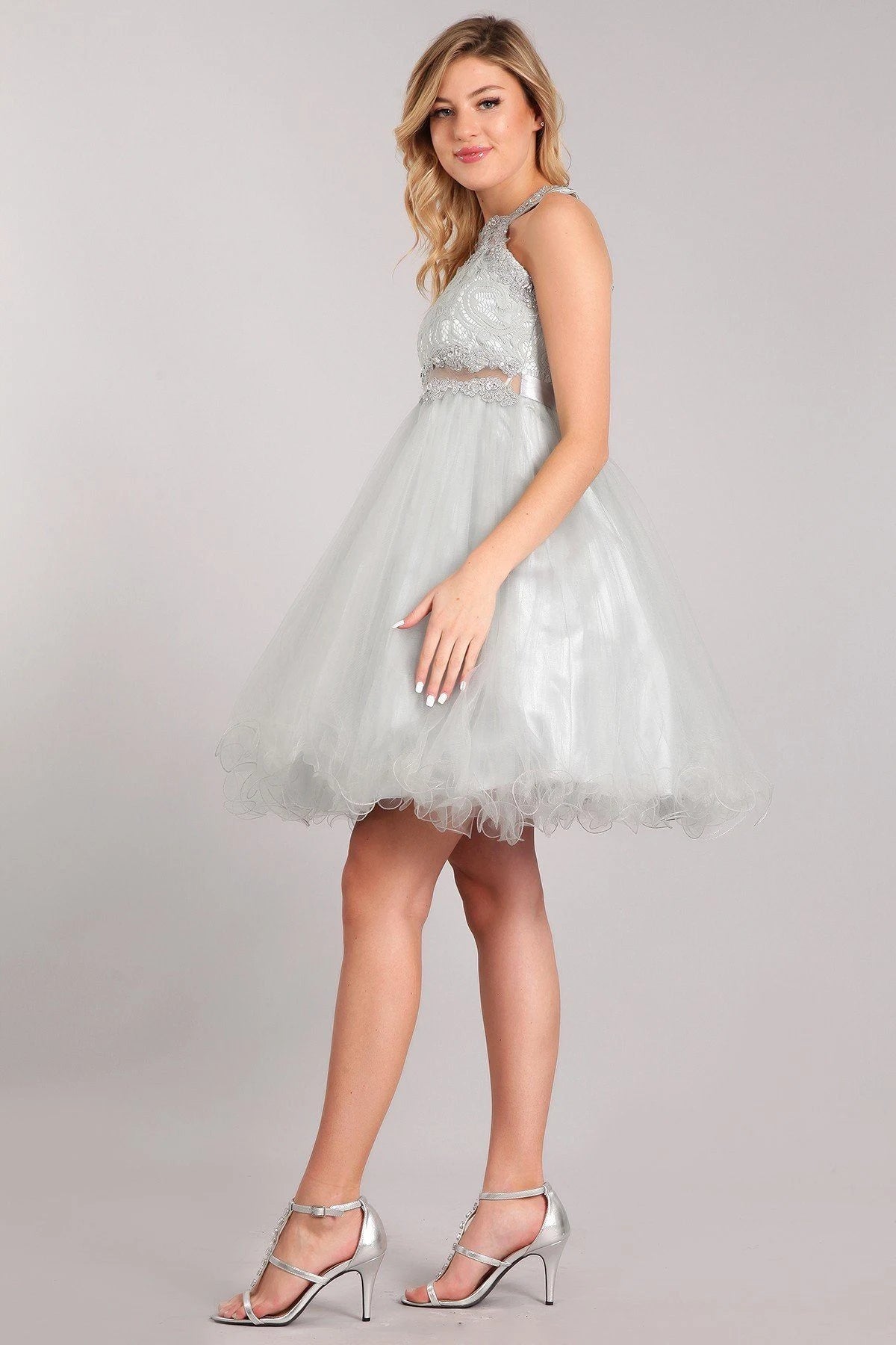 Elegant A-Line Halter Sleeveless Sparkly Tiered Silver Short Homecoming Dresses for Women