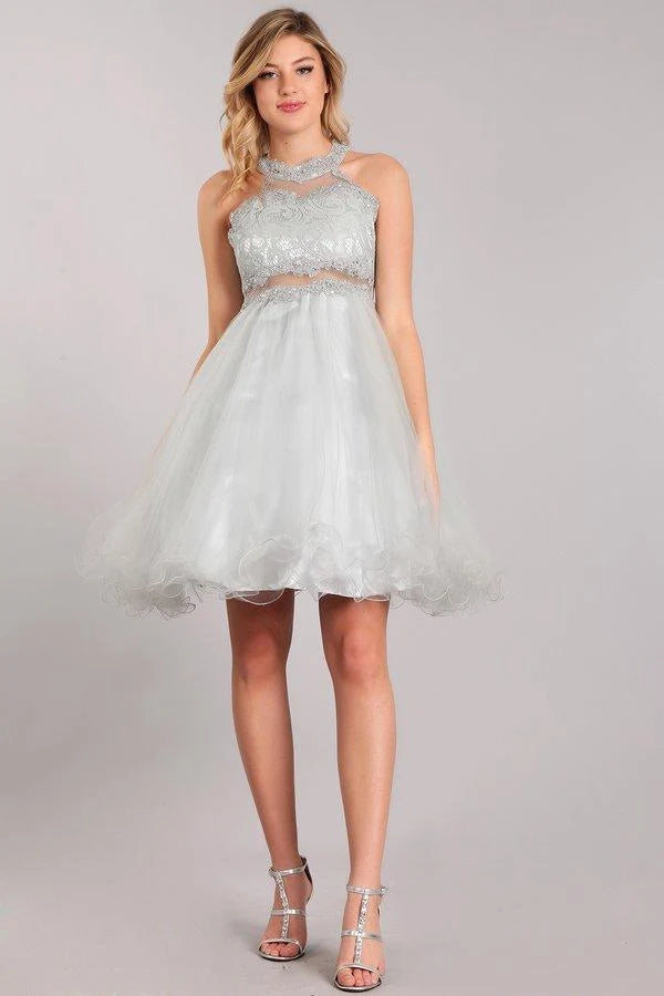 Elegant A-Line Halter Sleeveless Sparkly Tiered Silver Short Homecoming Dresses for Women