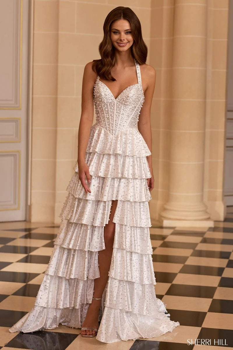 Elegant A-Line Halter Sleeveless Tiered Beaded White High-Low Prom Gown