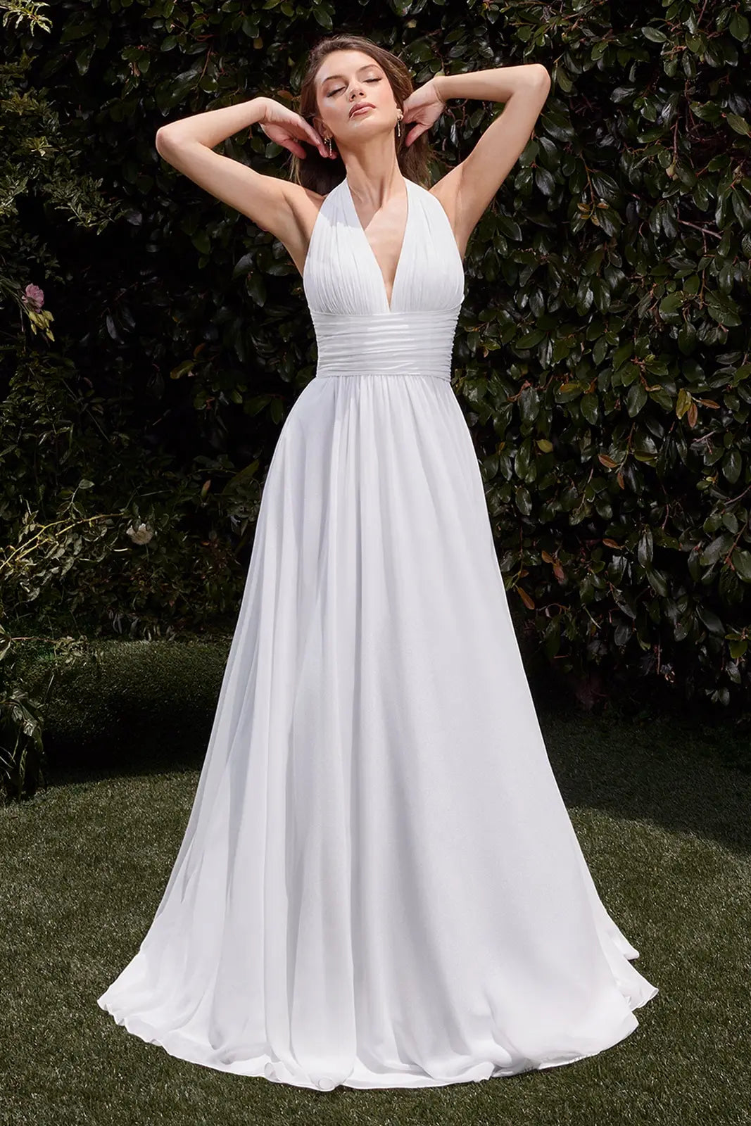 Elegant A-Line Halter V-Neck Flowing White Floor-Length Prom Dress For Women