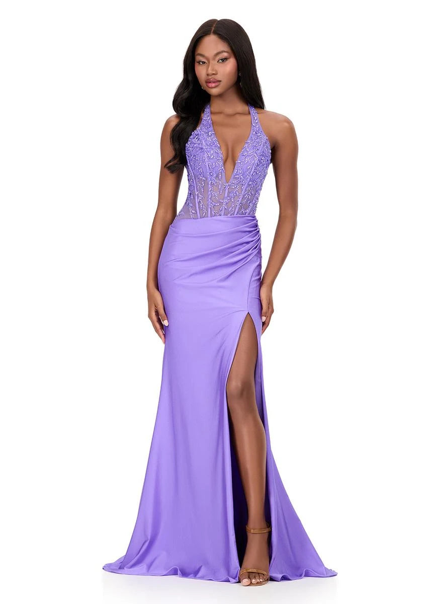 Elegant A-Line Halter V-Neck Sleeveless Beaded High Slit Lavender Floor-Length Prom Dress