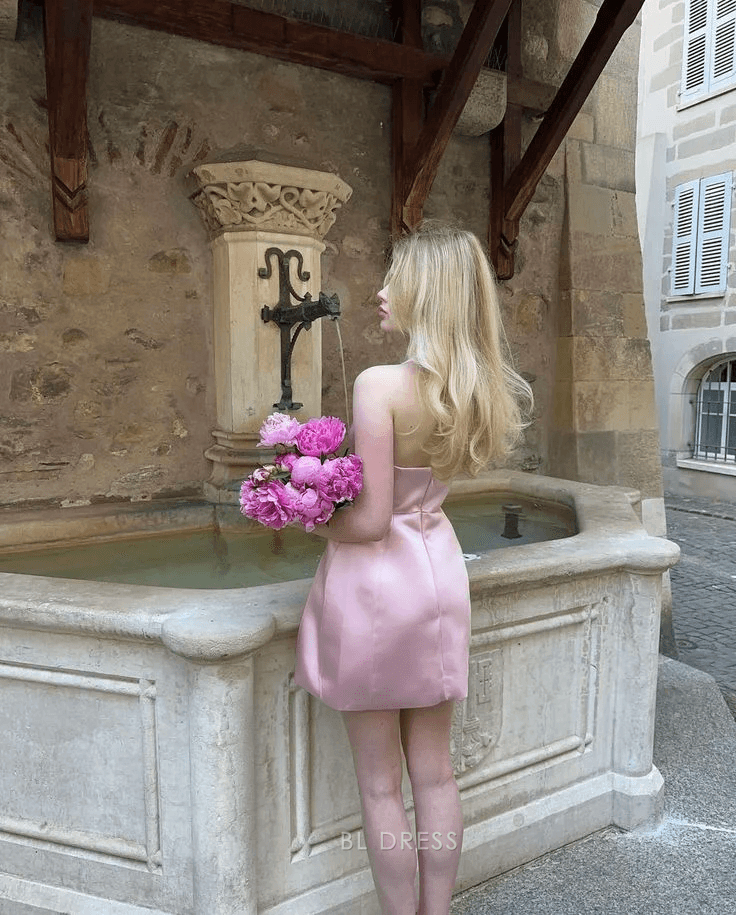 Elegant A-Line Halter V-Neck Sleeveless Chic Pink Short Homecoming Dress
