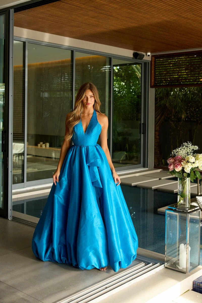Elegant A-Line Halter V-Neck Sleeveless Open Back Bright Blue Floor Prom Gown