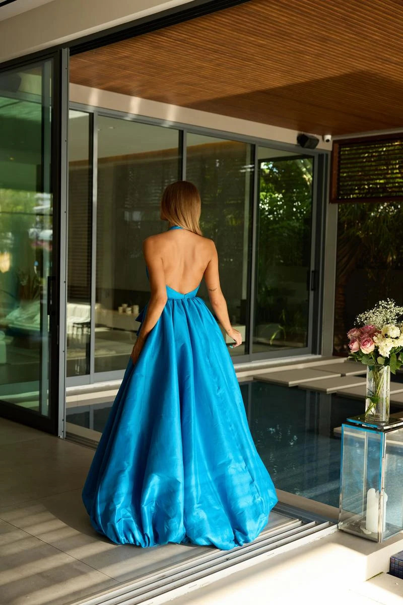 Elegant A-Line Halter V-Neck Sleeveless Open Back Bright Blue Floor Prom Gown