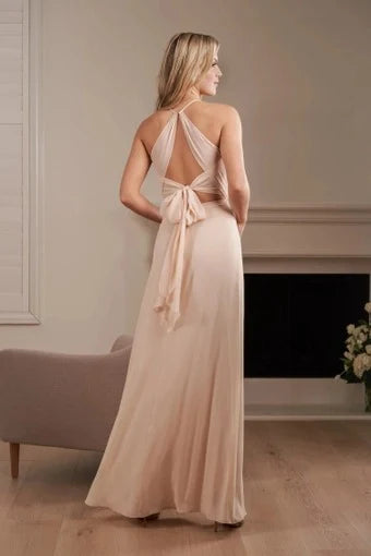 Elegant A-Line Halter V-Neck Sleeveless Ruched Slit Champagne Floor-Length Prom Dresses Gown