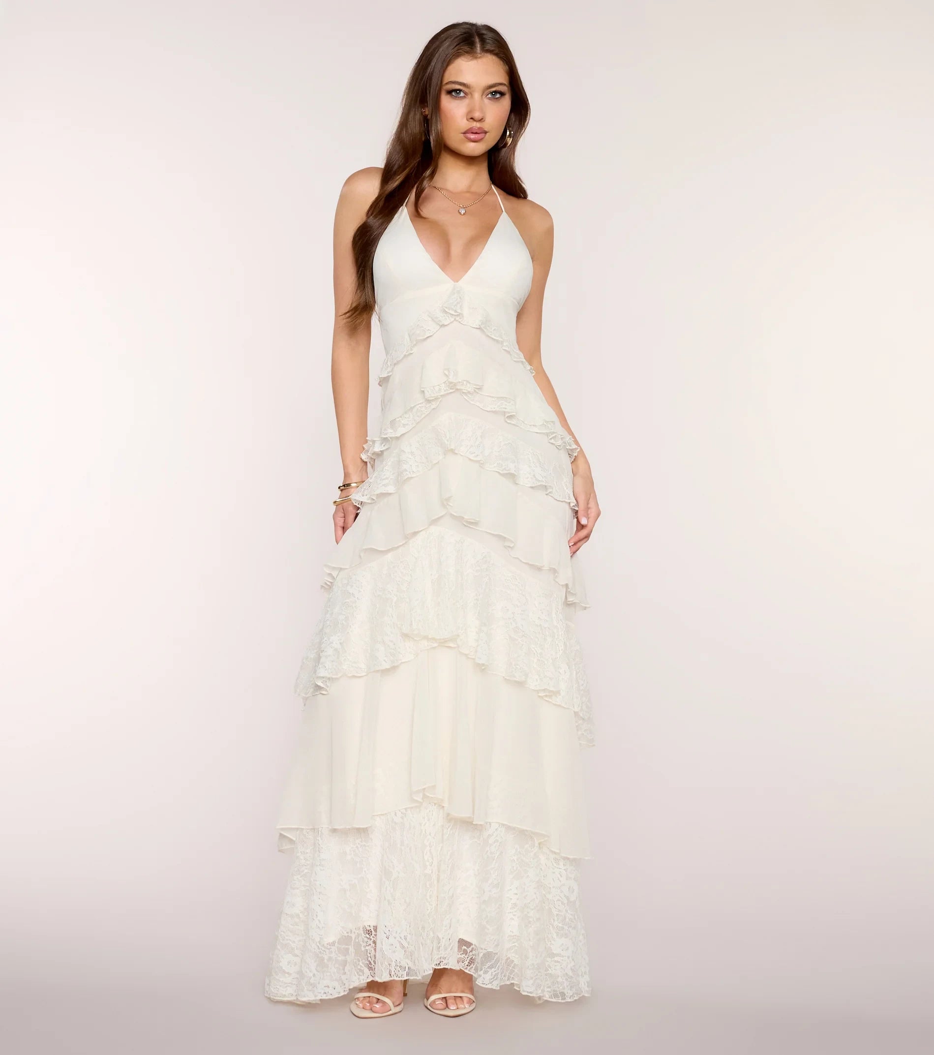 Elegant A-Line Halter V-Neck Sleeveless Tiered Ivory Floor-Length Prom Dress