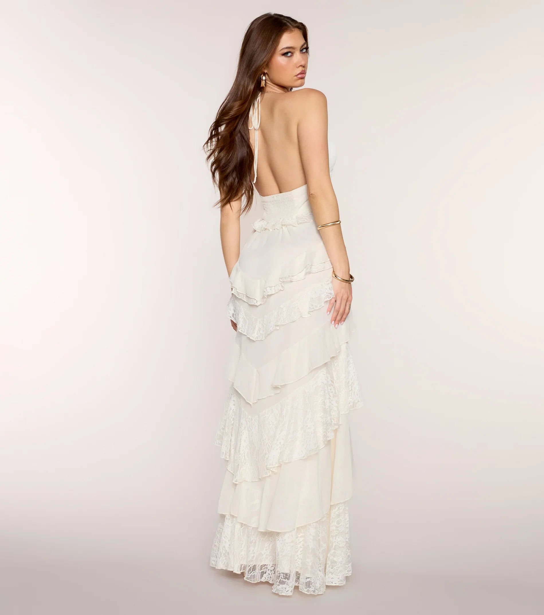 Elegant A-Line Halter V-Neck Sleeveless Tiered Ivory Floor-Length Prom Dress